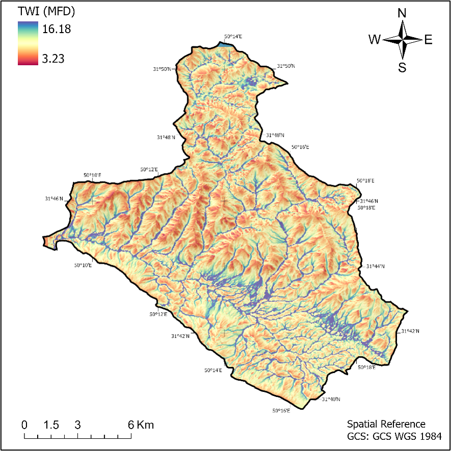 Topographic Wetness Index TWI Map based on MFD
